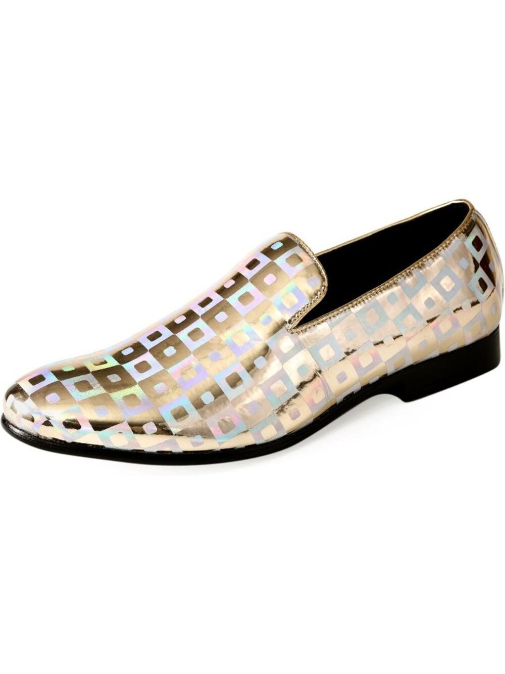 Amali Men's Gold Geometric Print Loafers Gold Buckle Slip On Wedding Shoes